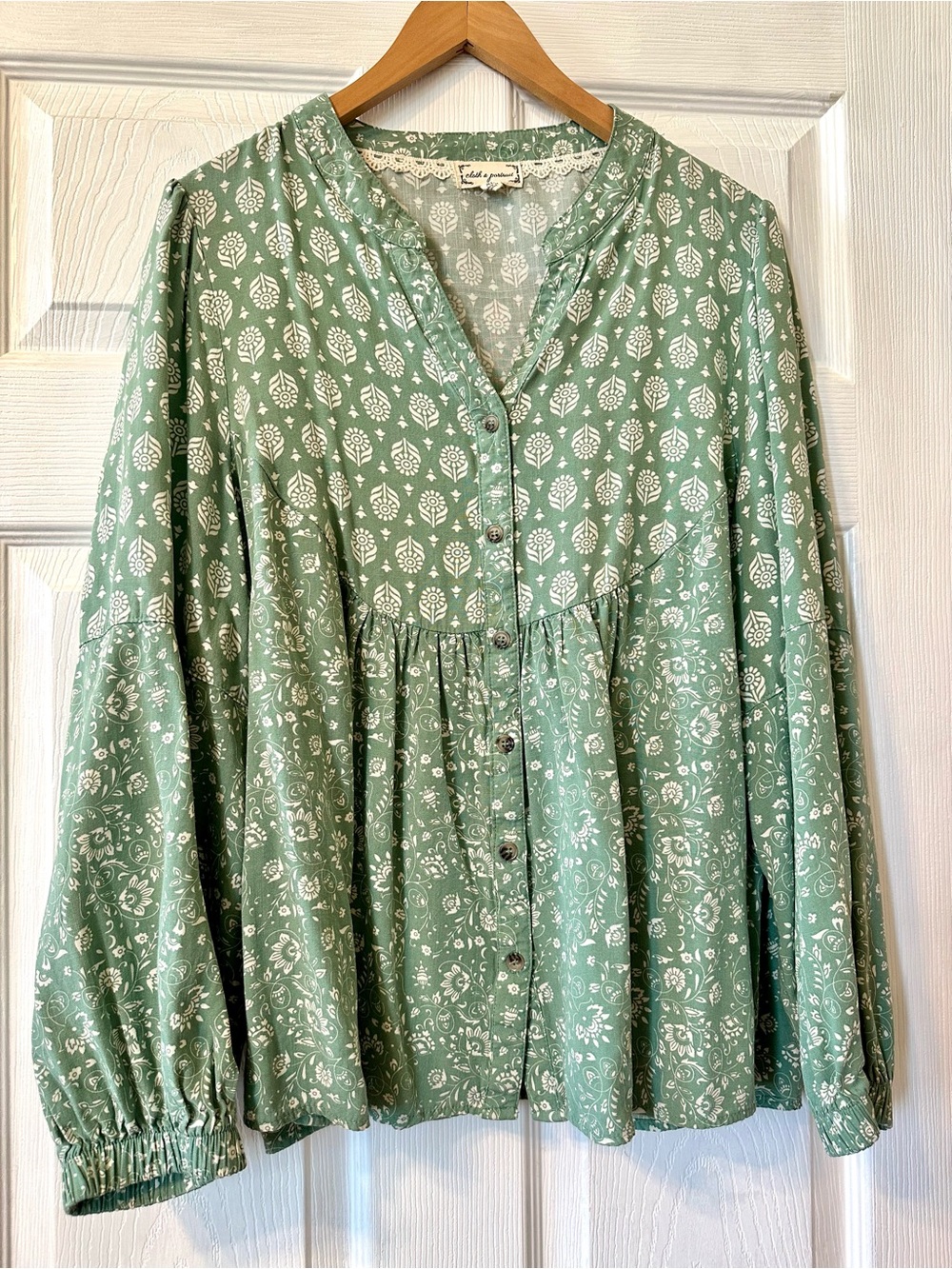 Relaxed Sage Green Button-Down Peasant Blouse